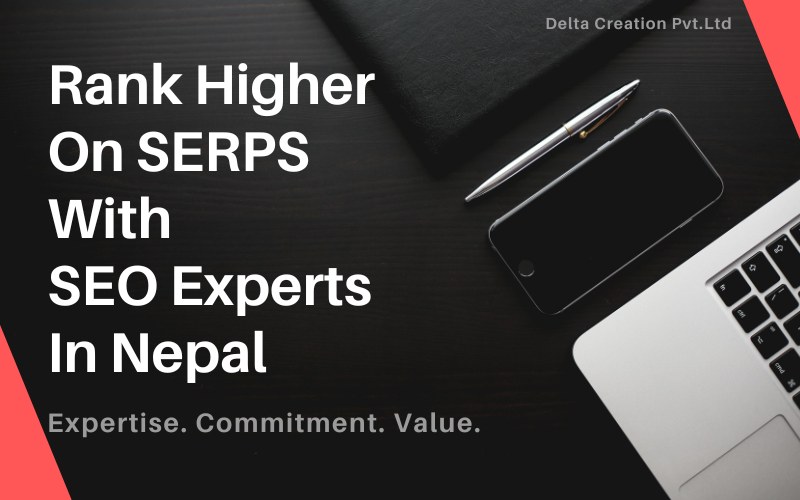 A silver color laptop, black mobile phone, silver color pen and a black color diary placed on a black surface showcasing expertise, commitment and value to rank higher on SERPS with SEO Experts in Nepal with Delta Creation